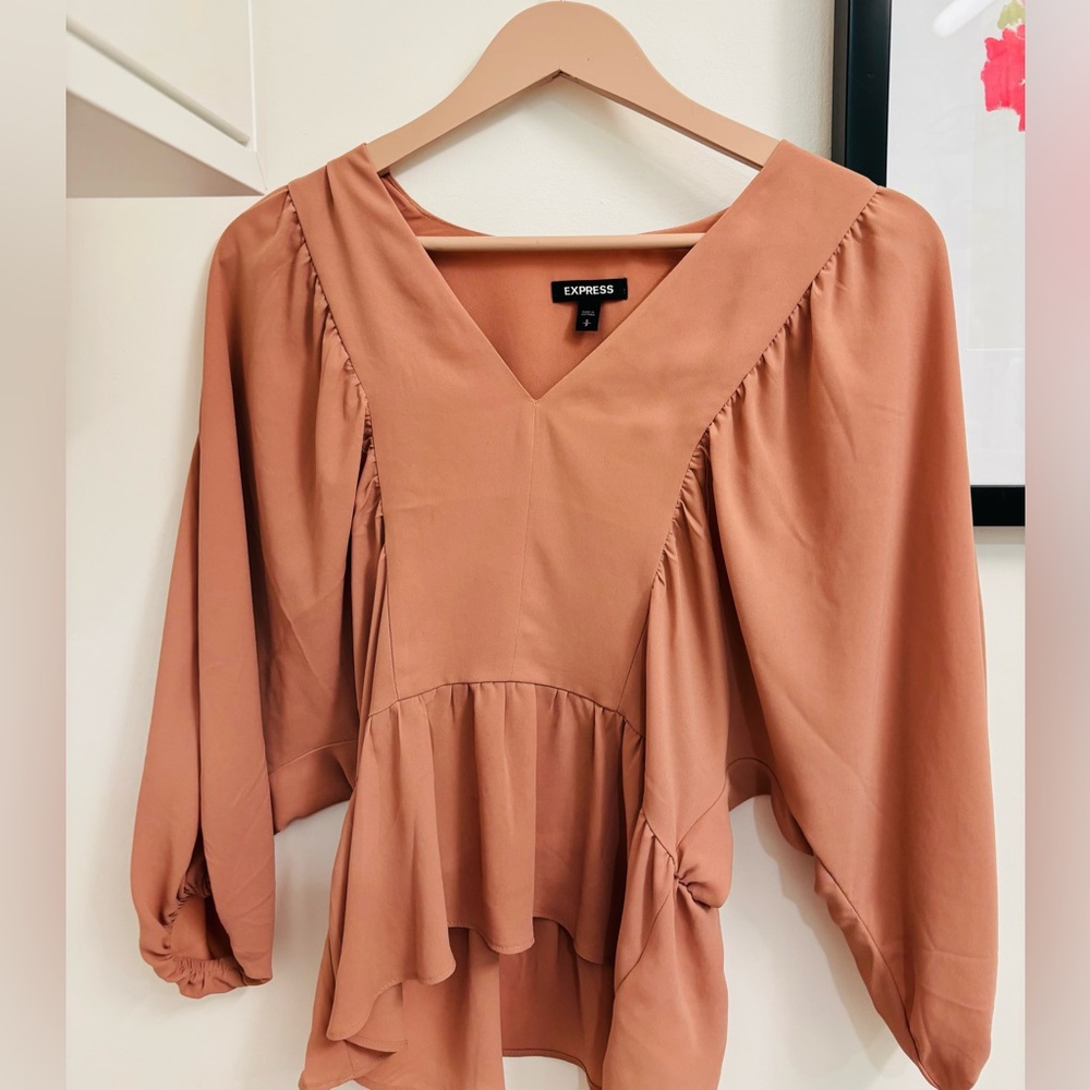 Express Women's Tan V-Neck Peplum blouse